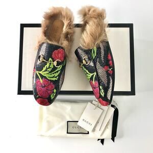 Gucci Tapestry Brocade Fur Lined Princetown Mules Slip On Flats 36.5